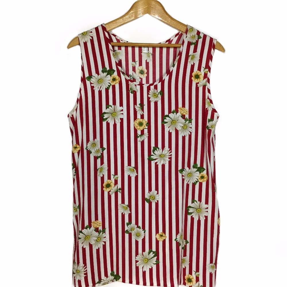 Vintage Red White Striped Tank Top with Daisies